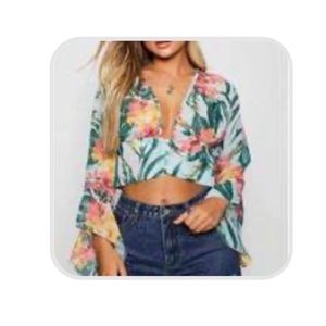 V neck tropical print crop top blouse